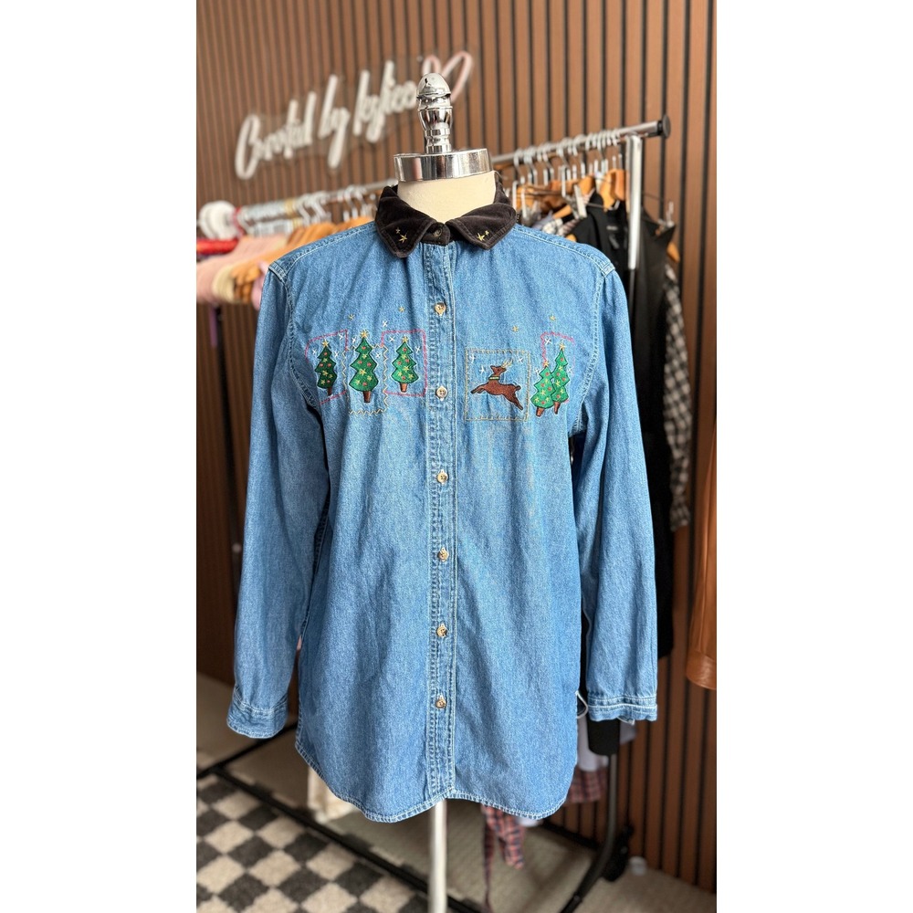 Basic Editions Holiday Denim Shirt Women Large Blue Christmas Tree Reindeer